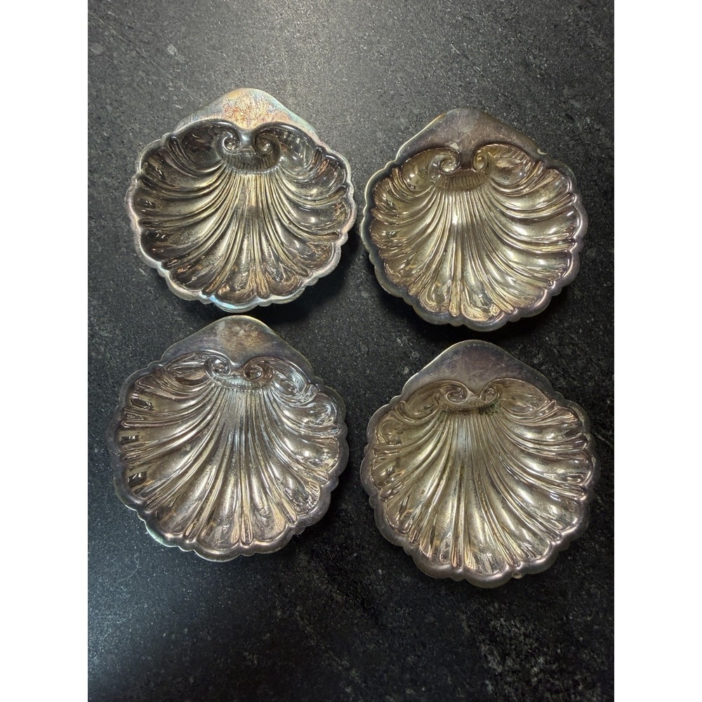 Vintage Canterbury Silverplate 3x3 Shell Nut Dishes Trinket Catchall Set of 4